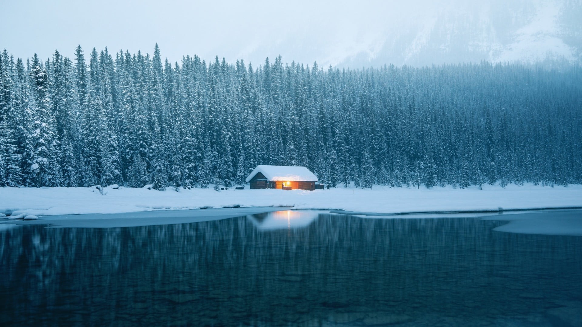 brown wooden house, winter, snow, ice, lake