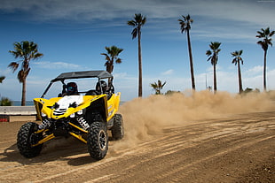 yellow and black UTV on dirt road near coconut palm during daytimre