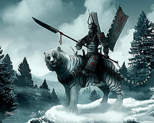 Samurai ride on albino tiger digital wallpaper, Siberian tiger