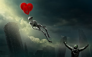 human skeleton flown away with red balloons, Romantically Apocalyptic , Vitaly S Alexius, skyscraper, balloon