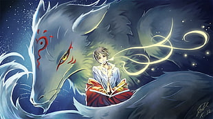 man sitting with white fox on his back anime digital wallpaper, Natsume Book of Friends, Natsume Yuujinchou