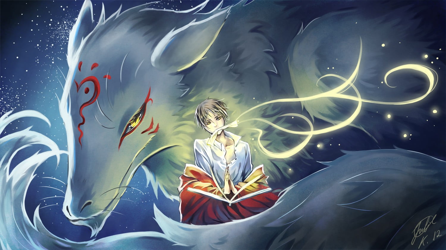 man sitting with white fox on his back anime digital wallpaper, Natsume Book of Friends, Natsume Yuujinchou