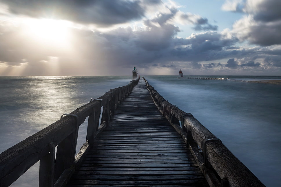brown wooden dock, sea, sky, clouds, pier HD wallpaper