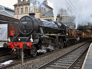 black and red steam train, train, railway, steam locomotive, vehicle HD wallpaper