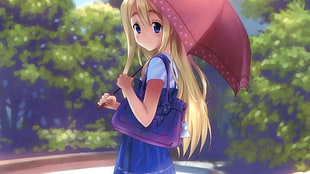 blonde female anime character holding umbrella digital wallpaper