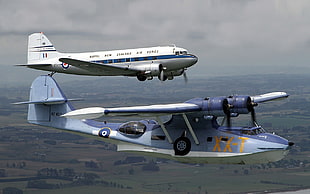 two grey and blue planes, airplane, C-47 Skytrain, Douglas DC-3, Consolidated PBY Catalina