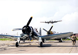 two white-and-blue aircrafts, airplane, Vought F4U Corsair, Republic P-47 Thunderbolt, Boeing B-17 Flying Fortress