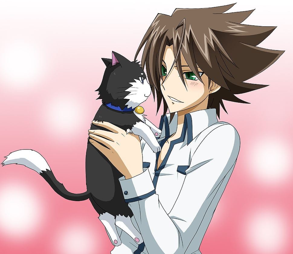 brown hair boy holding black and white cat anime character HD wallpaper