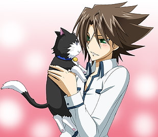 brown hair boy holding black and white cat anime character