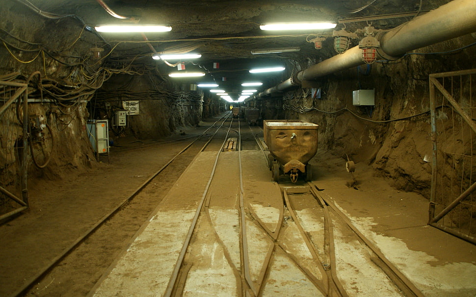 gray mining cart, underground, Poland, coalmine HD wallpaper