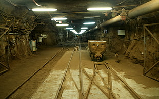 gray mining cart, underground, Poland, coalmine HD wallpaper