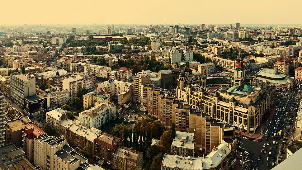 aerial view of city buildings HD wallpaper