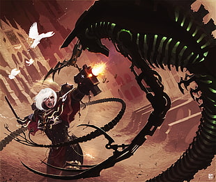 white haired woman anime character holding rifle aiming monster