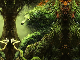 green monster tree painting, fantasy art, animals, artwork