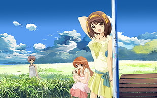 three female anime charcters HD wallpaper