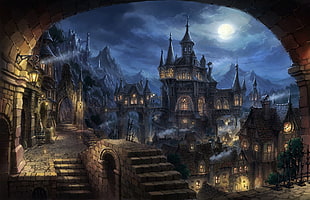 illustration of castle and houses HD wallpaper