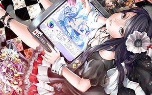 black haired anime character holding gray tablet computer