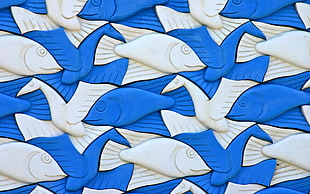 white and blue fish wall and bird wall decor, artwork, M. C. Escher, animals, 3D HD wallpaper