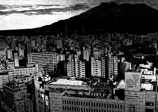 grayscale photo of city buildings, Oyasumi Punpun, cityscape, dark, monochrome