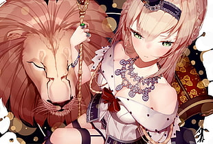 female anime character holding staff with lion illustration, animals, blonde, hair bows, braids