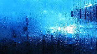water on glass, rain, blue