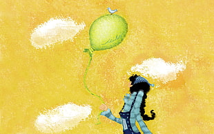 girl wearing blue sweater holding balloon painting HD wallpaper