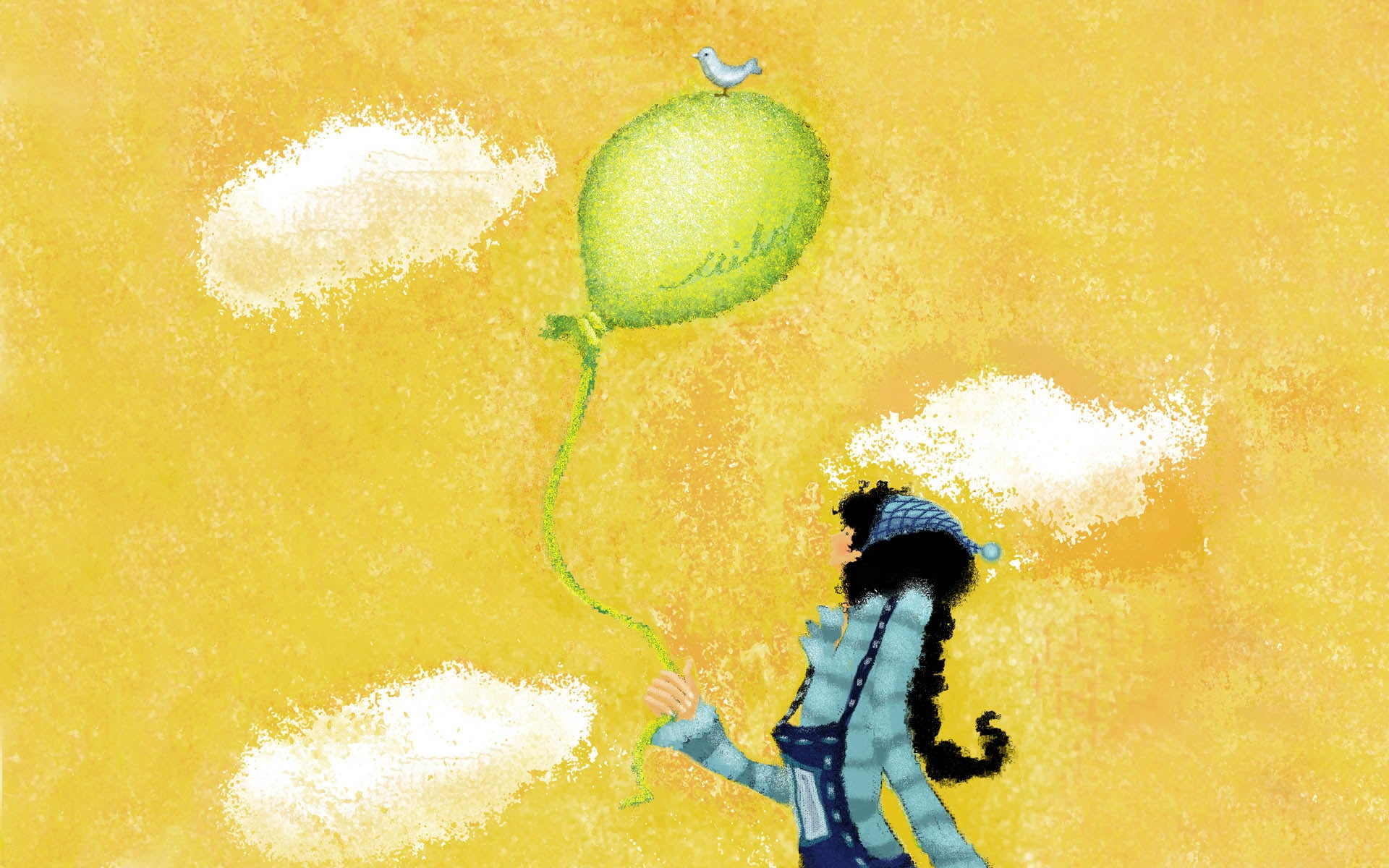 girl wearing blue sweater holding balloon painting