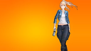 blonde haired female anime character holding pistol illustration, Samus Aran, Metroid