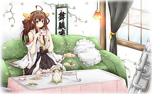 female anime character sitting on green sofa illustration, Kongou (KanColle), Kantai Collection