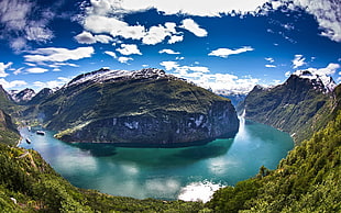 fish eye lens photography of body of water, panoramas, Norway, Geiranger, fjord HD wallpaper