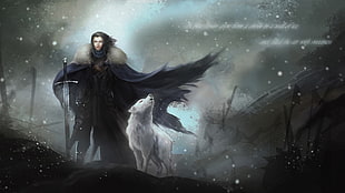John Snow 3D wallpaper, Game of Thrones, direwolves, sword, quote