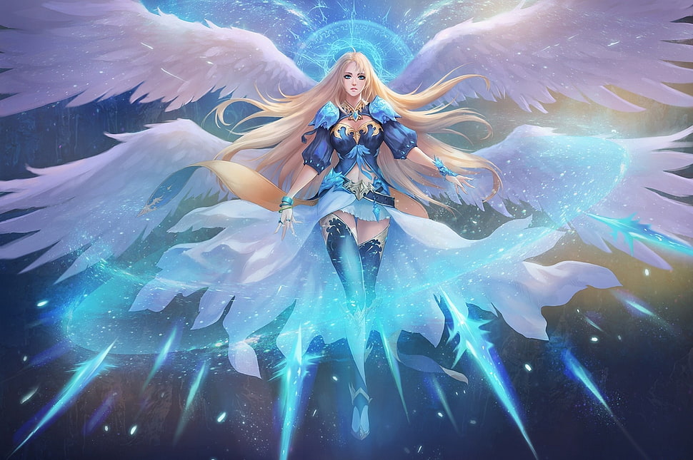 blue dressed fairy graphic, fantasy art, artwork, angel HD wallpaper