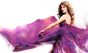 long blonde-haired woman in purple dress