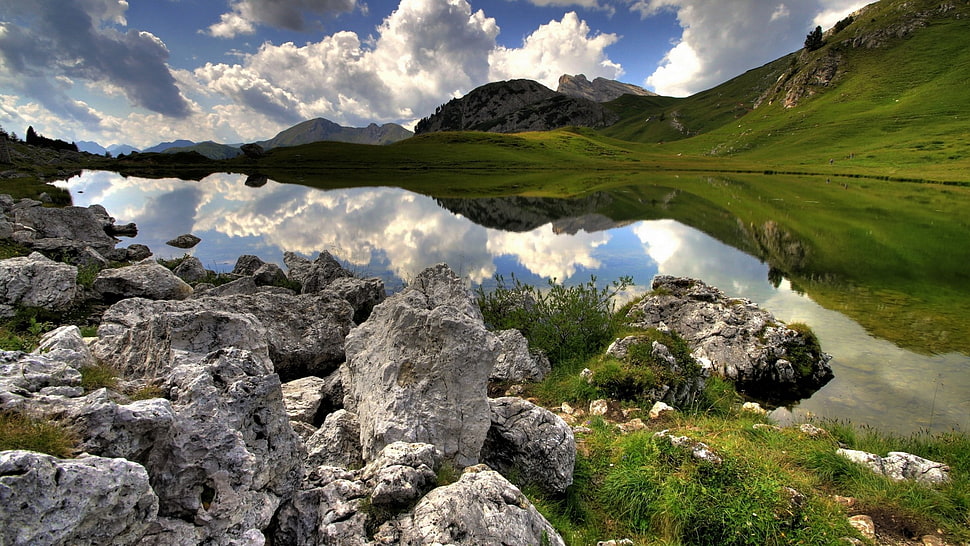 green mountains, nature, landscape, lake, reflection HD wallpaper