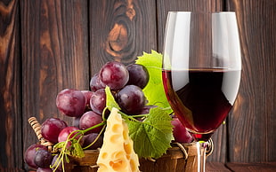 wine glass beside grapes, wine, grapes, cheese, alcohol