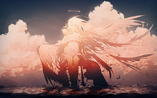 angel anime character illustration, wings, angel, clouds