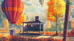 hot air balloon parked beside waiting shed during autumn season painting, Sylar, artwork, hot air balloons, birch