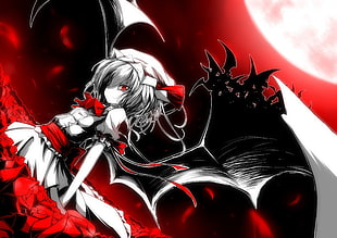 female anime character digital wallpaper, Touhou, Remilia Scarlet, wings, ribbon