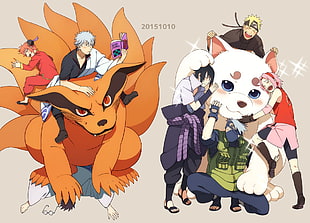 Gintoki with Kurama, Naruto, Sakura, Kakashi, and Sasuke illustratoin with 20151010 text overlay HD wallpaper