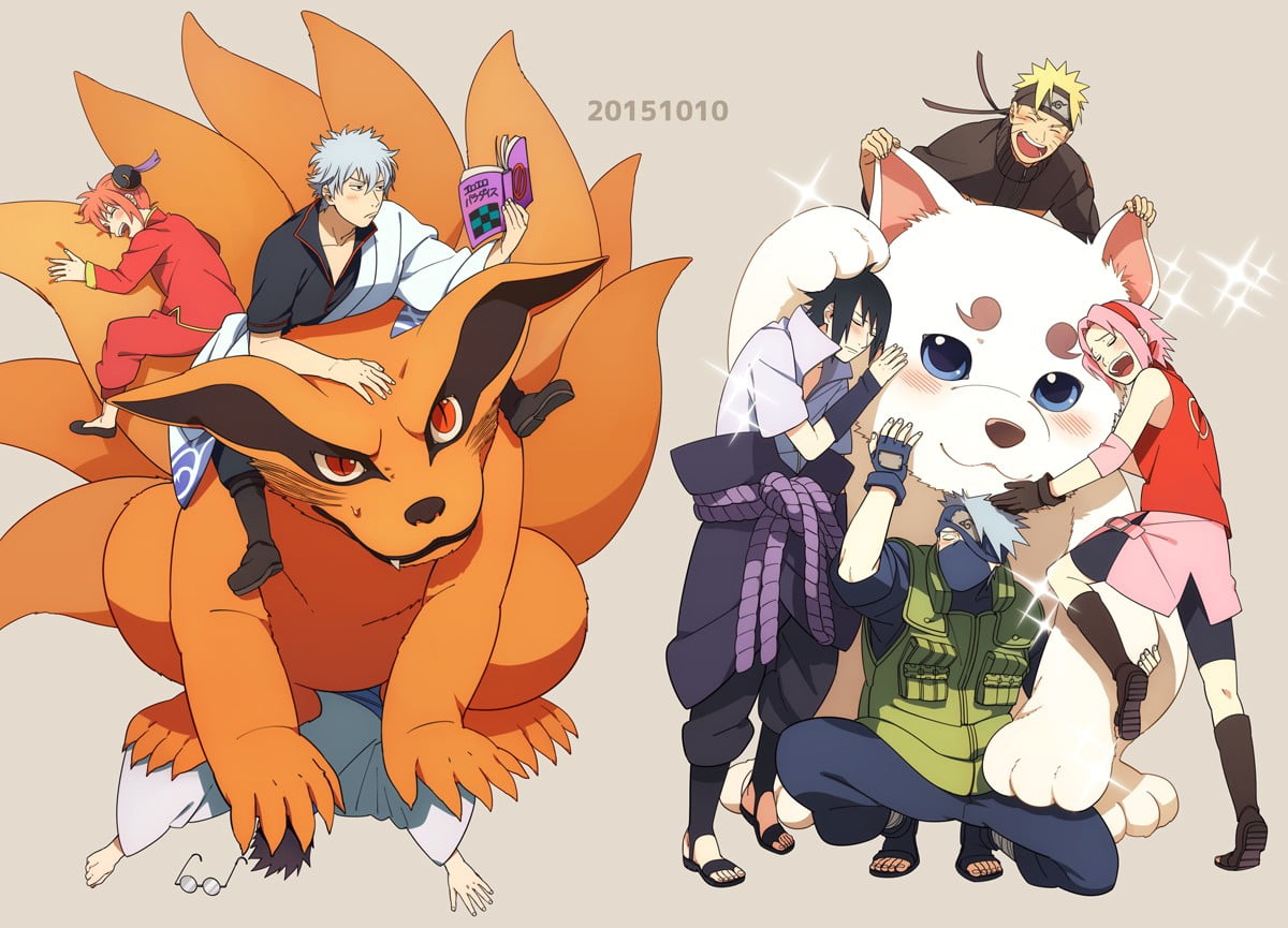 Gintoki with Kurama, Naruto, Sakura, Kakashi, and Sasuke illustratoin with 20151010 text overlay