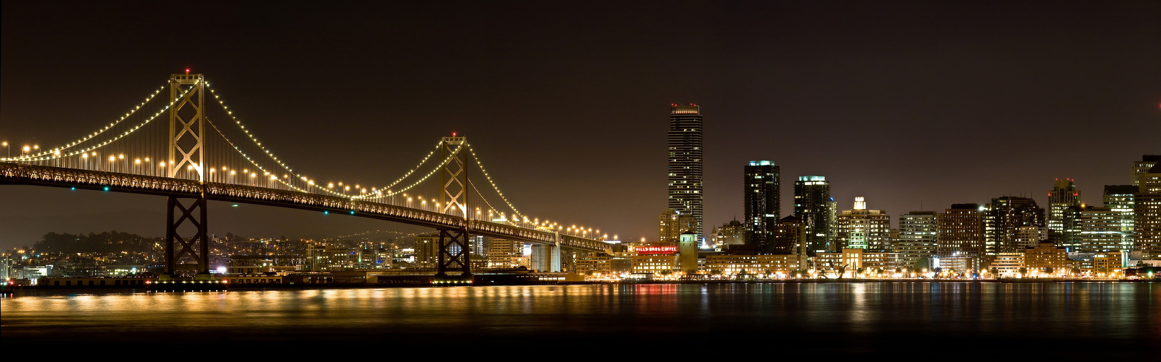 Brooklyn Bridge, city, bridge, lights, night