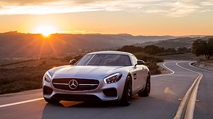 silver Mercedes-Benz coupe, Mercedes-Benz AMG GT, car, road