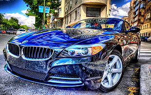 blue BMW coupe, car, blue cars, HDR, vehicle