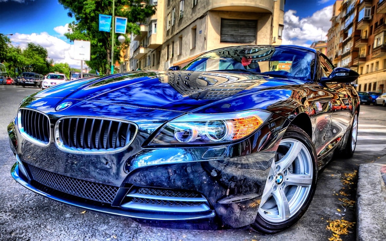 blue BMW coupe, car, blue cars, HDR, vehicle