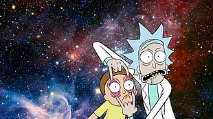 Rick and Morty on galaxy background illustration