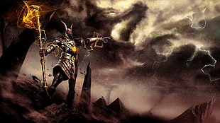 man holding staff pointing at sky with thunderbolt digital wallpaper, League of Legends, fantasy art, video games