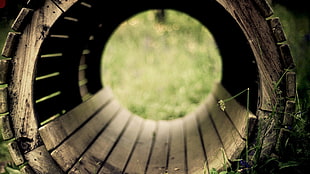 brown wooden tunnel, tunnel, bokeh, grass, wood