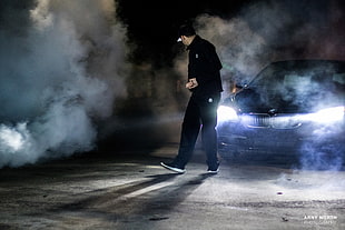 men's black jacket, smoke, colored smoke, black cars, BMW F13 M6 HD wallpaper