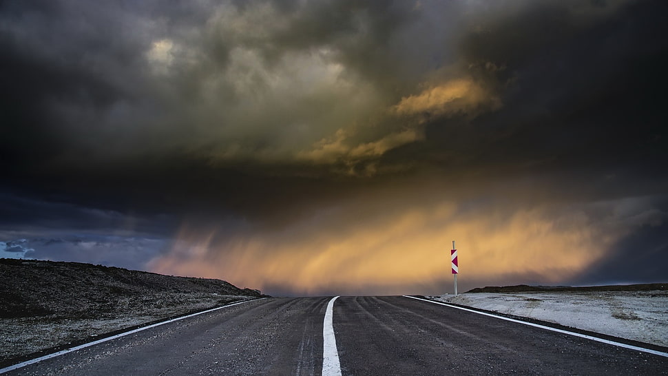black concrete road, dark, sky, road, clouds HD wallpaper