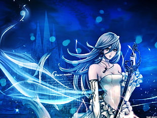 blue haired female anime character holding sword